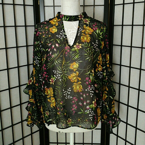 Impulsive Tops - $5 When Bundled NWOT Sheer Floral Bell Sleeve Top